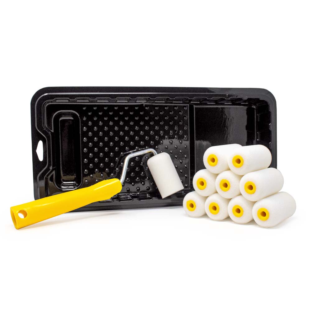 Foampro 2” Fine Finish Paint Roller Kit | 1 Plastic Paint Tray, 1 Roller Handle, 10 Foam Rollers