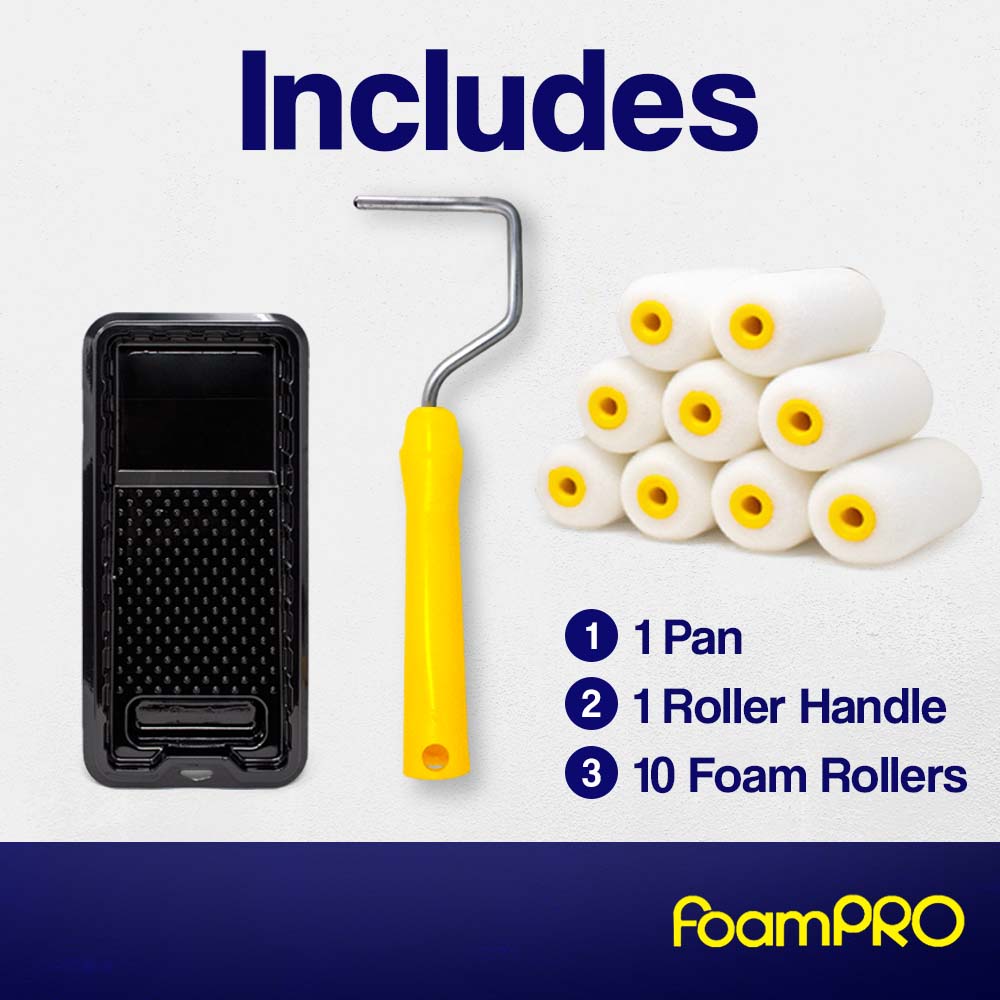 Foampro 2” Fine Finish Paint Roller Kit | 1 Plastic Paint Tray, 1 Roller Handle, 10 Foam Rollers