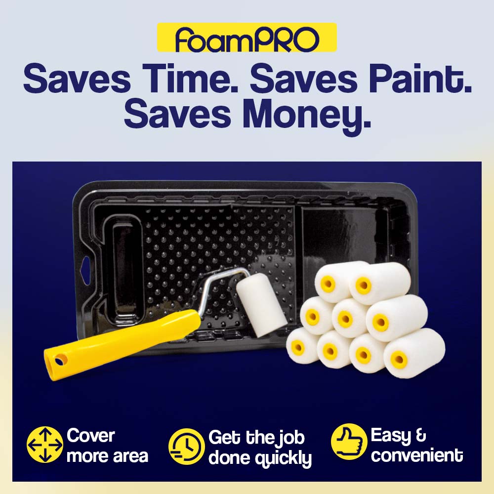 Foampro 2” Fine Finish Paint Roller Kit | 1 Plastic Paint Tray, 1 Roller Handle, 10 Foam Rollers