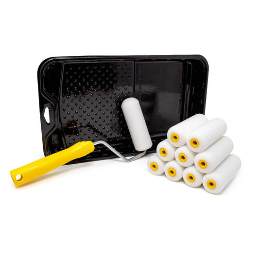 Foampro 4” Fine Finish Paint Roller Kit | 1 Plastic Paint Tray, 1 Roller Handle, 10 Foam Rollers